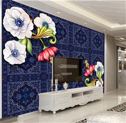 تصویر 2 از گالری عکس گل های سفید صورتی پس زمینه آبی بدون درز پوستر دیواری سه بعدی
