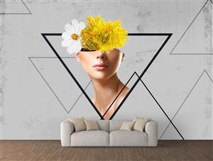 تصویر 2 از گالری عکس دیجیتال آرت انتزاعی طرح چهره زن با سری گلدانی شکل با گل های سفید و زرد و مثلث اثر سامان رئوفی