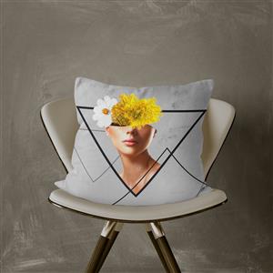 تصویر 6 از گالری عکس دیجیتال آرت انتزاعی طرح چهره زن با سری گلدانی شکل با گل های سفید و زرد و مثلث اثر سامان رئوفی