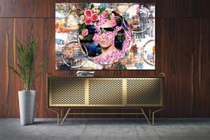 تصویر 1 از گالری عکس رویای گلستان طرح هنر دیجیتال آرت چهره دختر به شکل گلدان و گلهای صورتی در پس زمینه دایره وینتیج اثر سامان رئوفی