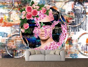 تصویر 2 از گالری عکس رویای گلستان طرح هنر دیجیتال آرت چهره دختر به شکل گلدان و گلهای صورتی در پس زمینه دایره وینتیج اثر سامان رئوفی