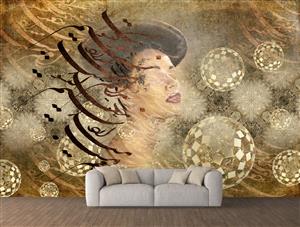 تصویر 2 از گالری عکس نیمرخ دختر زیبا در پس زمینه طلایی روشن با توپ های طلایی سه بعدی