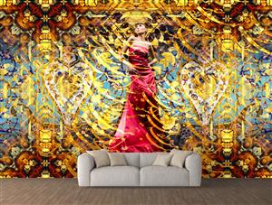 تصویر 2 از گالری عکس کت واک مانکن زیبا با لباس بلند قرمز در پس زمینه طلایی لاکچری هنر دیجیتال اثر سامان رئوفی