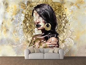 تصویر 2 از گالری عکس دختر مو مشکی زیبا در پس زمینه بژ و طلایی باروک با گوشواره هنر دیجیتال
