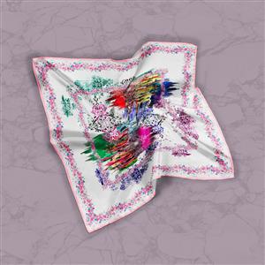تصویر 2 از گالری عکس روسری با پرندگان صورتی و گل در حاشیه با پس زمینه نقره ای