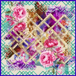 تصویر 1 از گالری عکس روسری گلدار صورتی با طرح رنگارنگ و حاشیه فیروزه ای