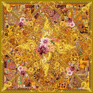 تصویر 1 از گالری عکس روسری گلدار باروک سلطنتی طلایی با فرش رنگارنگ