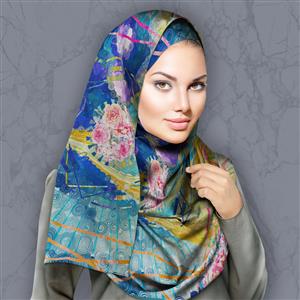 تصویر 3 از گالری عکس طرح انتزاعی روسری با گل صورتی و پس زمینه آبی