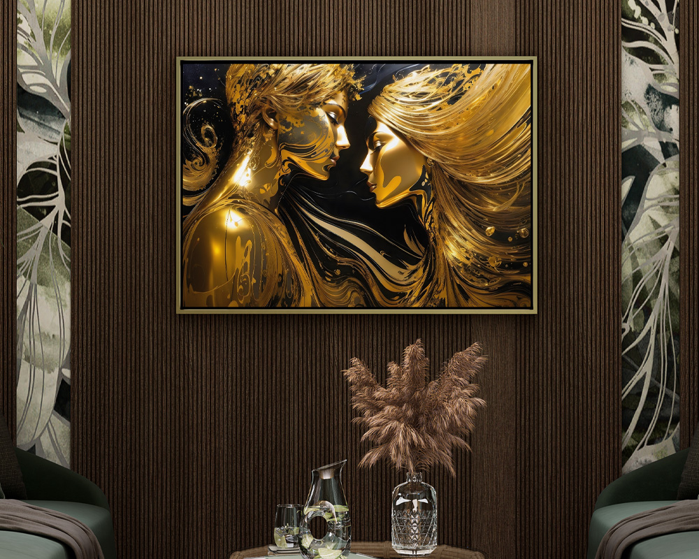 زن و مرد عاشق تصویرسازی طلایی و مشکی طرح تابلو دکوراتیو