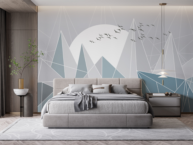 موکاپ پوستر دیواری اتاق خواب با تخت دونفره طرح ماکت لایه باز رندر سه بعدی