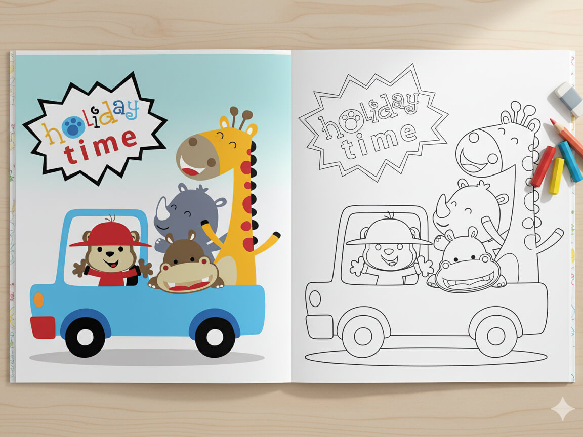 مجموعه طرح‌های رنگ‌آمیزی کودکانه حیوانات و کاراکترها