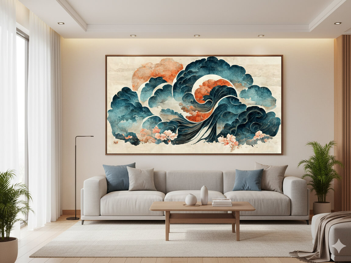 کلکسیون نقاشی موج و کوه و گل سبک شرقی