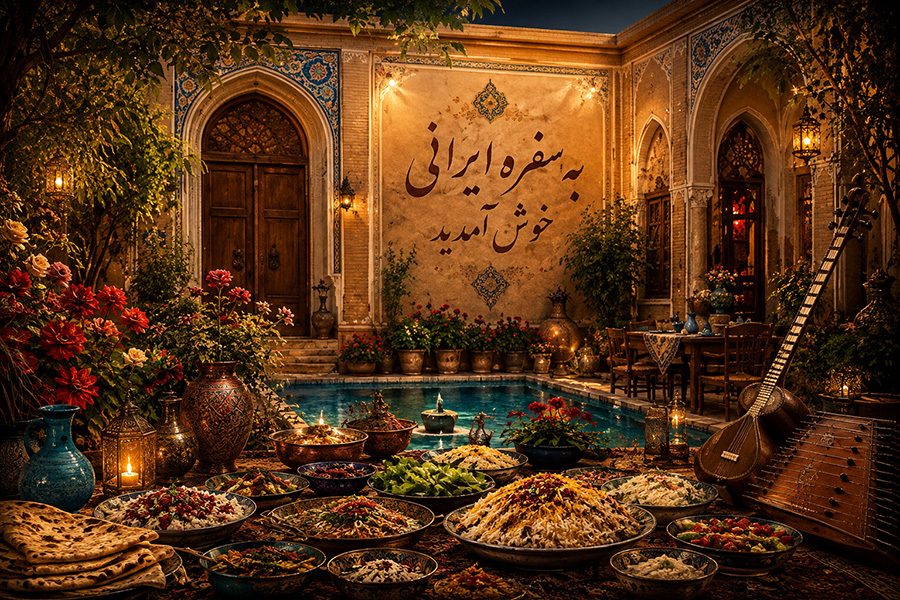 مجموعه طرح پوستر رستوران ایرانی با فضای سنتی، غذا و دکور اصیل