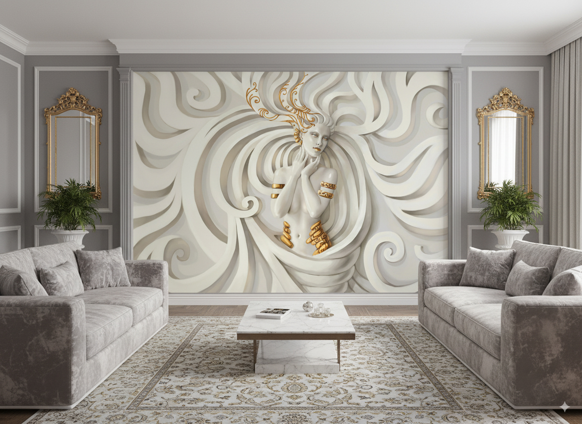 پوستر دیواری سه بعدی کلاسیک | طرح‌های لوکس گچبری و مجسمه فرشته و زن