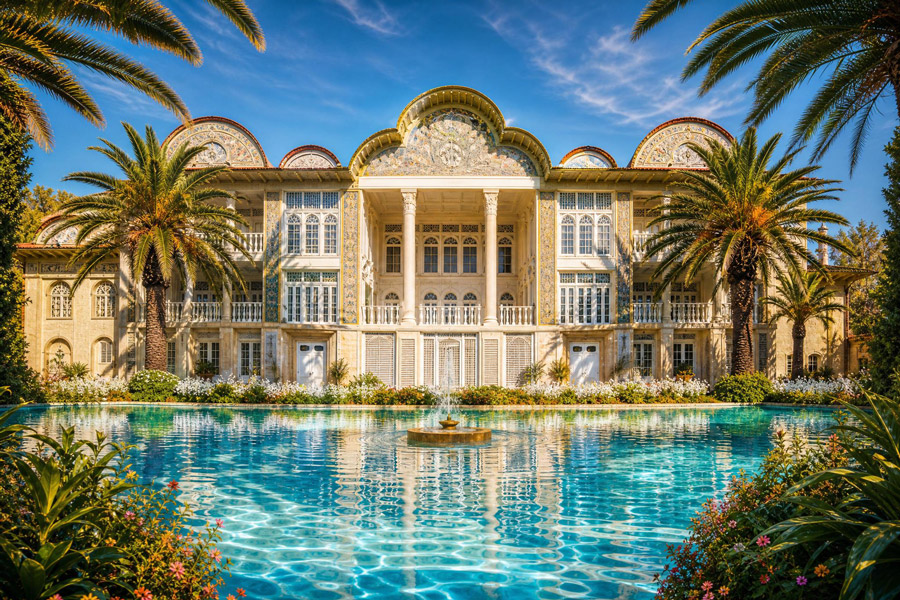 مجموعه عکس باغ ارم شیراز با معماری ایرانی، استخر و طبیعت سرسبز