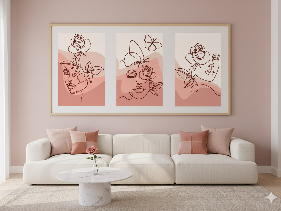 مجموعه لاین آرت مینیمال چهره و گیاهان با پس زمینه انتزاعی