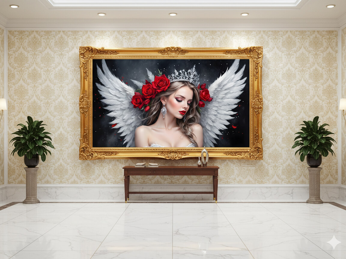 تصاویر فانتزی زن با بال فرشته و لباس طلایی