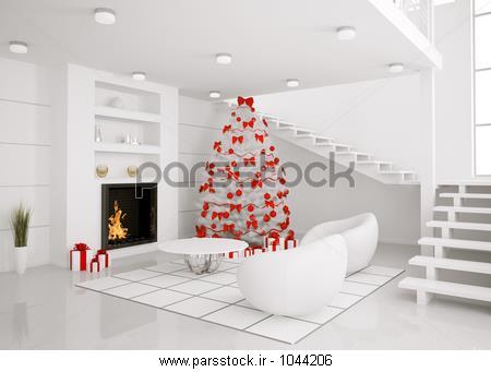 کریسمس درخت شاه درخت در اتاق مدرن سفید با فضای داخل شومینه 3D رندر ...کریسمس درخت شاه درخت در اتاق مدرن سفید با فضای داخل شومینه 3D رندر