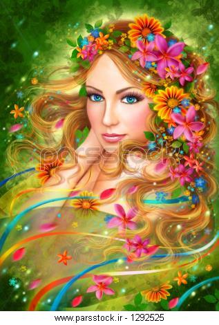 بهار فانتزی پری زیبا زن با گل های تابستانی طبیعت مد پرتره