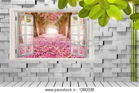 طرح پوستر کاغذ دیواری سه بعدی پنجره رو به باغ بهاری عکس 1360338 : پارس  استاک - شاتر استوک پارسی