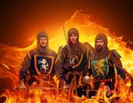 سه شوالیه قرون وسطی در پس زمینه شعله