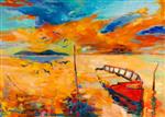 نقاشی رنگ روغن اصلی قایق و دریا روی بوم غروب خورشید بر روی اقیانوس امپرسیونیسم مدرن