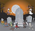 پس‌زمینه گورستان هالووین با مقبره‌ها و شخصیت‌های هیولاهای کلاسیک کارتونی خنده‌دار