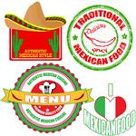 مجموعه ای از تمبرها و برچسب های غذای معتبر مکزیکی در پس زمینه سفید وکتور