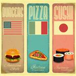 مجموعه ای از کارت منوی عمودی وینتاژ برای فست فود پیتزا فروشی و سوشی به سبک رترو وکتور