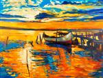 نقاشی رنگ روغن اصلی قایق و اسکله اسکله روی بوم غروب خورشید بر روی اقیانوس امپرسیونیسم مدرن