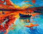نقاشی رنگ روغن قایق و دریا روی بوم غروب خورشید بر روی اقیانوس امپرسیونیسم مدرن