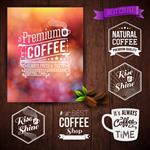 پوستر تبلیغاتی قهوه ممتاز و دانه های قهوه مجموعه ای از برچسب های طراحی تایپوگرافی روی پس زمینه چوبی وکتور