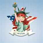 پوستری با یک دختر زیبا که مانند مجسمه آزادی در روز استقلال ایالات متحده لباس پوشیده است