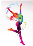دختر رقصنده با لکه های رنگارنگ و پاشیده شدن روی یک بک سبک