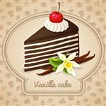 دسر کیک لایه ای وانیلی با آیکون های گیلاس خامه ای شکلاتی و پخت غذا در وکتور پس زمینه