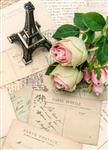 کارت پستال گل های رز و برج ایفل سوغاتی از پاریس پس زمینه احساسی سبک رترو مفهوم ماه عسل