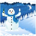 آدم برفی شاد با شامپاین و یک لیوان در پس زمینه زمستانی