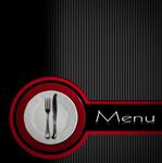طراحی منوی رستوران منوی رستوران با بشقاب خالی و سفید روی زیر بشقاب قرمز با کارد و چنگال نقره ای چنگال و چاقو در زمینه خاکستری مشکی و قرمز با نوار مشکی