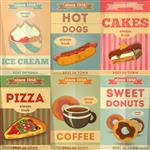 مجموعه پوستر غذا با بستنی سگ کیک پیتزا قهوه دونات تبلیغ کنید وکتور