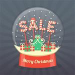 تابلوی فروش به سبک شیرین کریسمس قرمز و سفید با کیف هدیه و جعبه های هدیه در کره برفی در پس زمینه تیره انفجار ستاره بردار