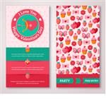 مجموعه ای از کارت پستال یا بروشور روز مبارک وکتور پس زمینه زینتی با پروانه قلب توت فرنگی و کیک کوچک نشان با تیر و کمان