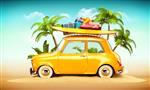 ماشین یکپارچهسازی بامزه خنده دار با تخته موج سواری و چمدان در ساحل با کف دست تصویر سفر تابستانی unus