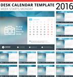 قالب طراحی وکتور تقویم رومیزی 2016 مجموعه 12 ماهه هفته از دوشنبه شروع می شود