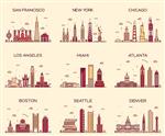 شهرهای آمریکا سان فرانسیسکو نیویورک شیکاگو لس آنجلس میامی آتلانتا بوستون سیاتل خطوط دنور شبح دقیق تصویر بردار مد روز سبک خطی