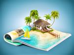 جزیره گرمسیری با خانه های ییلاقی و اسکله در صفحه ای از مجله باز شده تصویر سفر unus