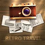 پوستر سفر رترو با دوربین قدیمی و کارتهای پو در وکتور پس زمینه میز چوبی