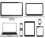 تصاویر وکتور مجموعه ای از دستگاه های الکترونیکی مدرن جدا شده در پس زمینه سفید - لپ تاپ مانیتور کامپیوتر ساعت هوشمند رایانه لوحی و تلفن های هوشمند تلفن همراه