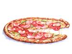 تصویر آبرنگ دستی از پیتزا طراحی غذای فست ایتالیایی جدا شده در پس زمینه سفید