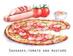تصویر آبرنگ دستی از پیتزا با سوسیس گوجه فرنگی و سس خامه ای طراحی غذای فست ایتالیایی جدا شده در پس زمینه سفید