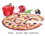 تصویر آبرنگ دستی از پیتزا با گوشت فلفل شیرین پیاز و زیتون سیاه طراحی غذای فست ایتالیایی جدا شده در پس زمینه سفید